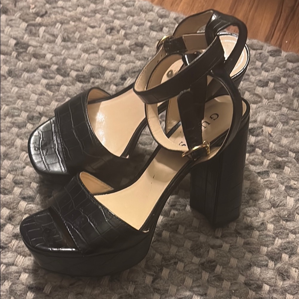 Guess Black Platform Heels with Textured Straps